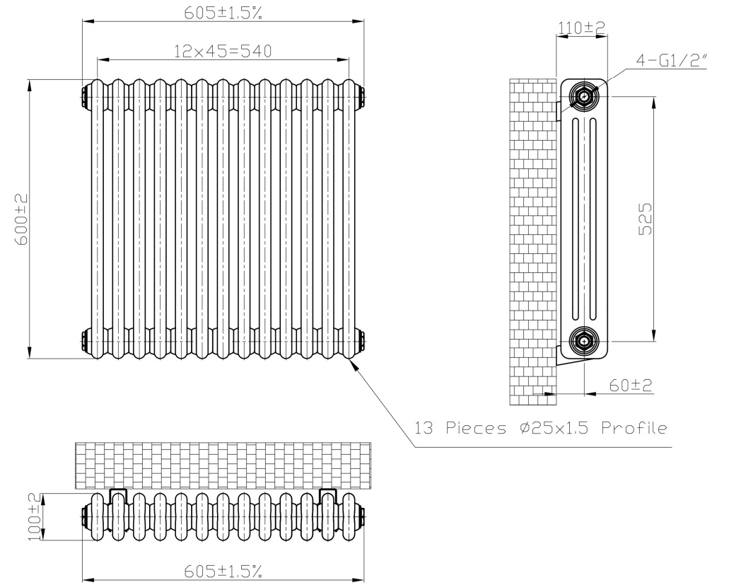 Eastbrook Imperia 3 koloms radiator 60x60cm 1081W zwart mat