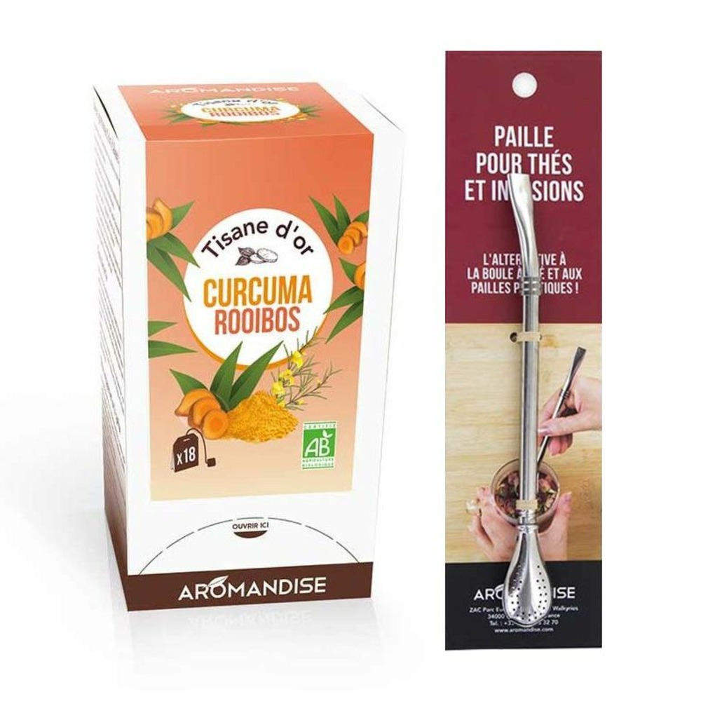 Tisane d'or bio curcuma rooibos 20 sachets + paille inox avec filtre