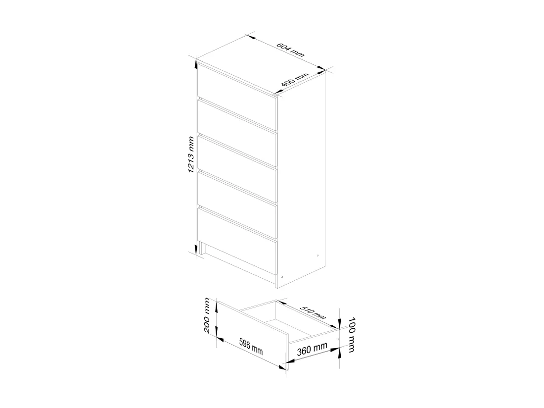 Commode AKORD K60 Blanche 60 cm 5 tiroirs façade Blanche 60x40x121 cm