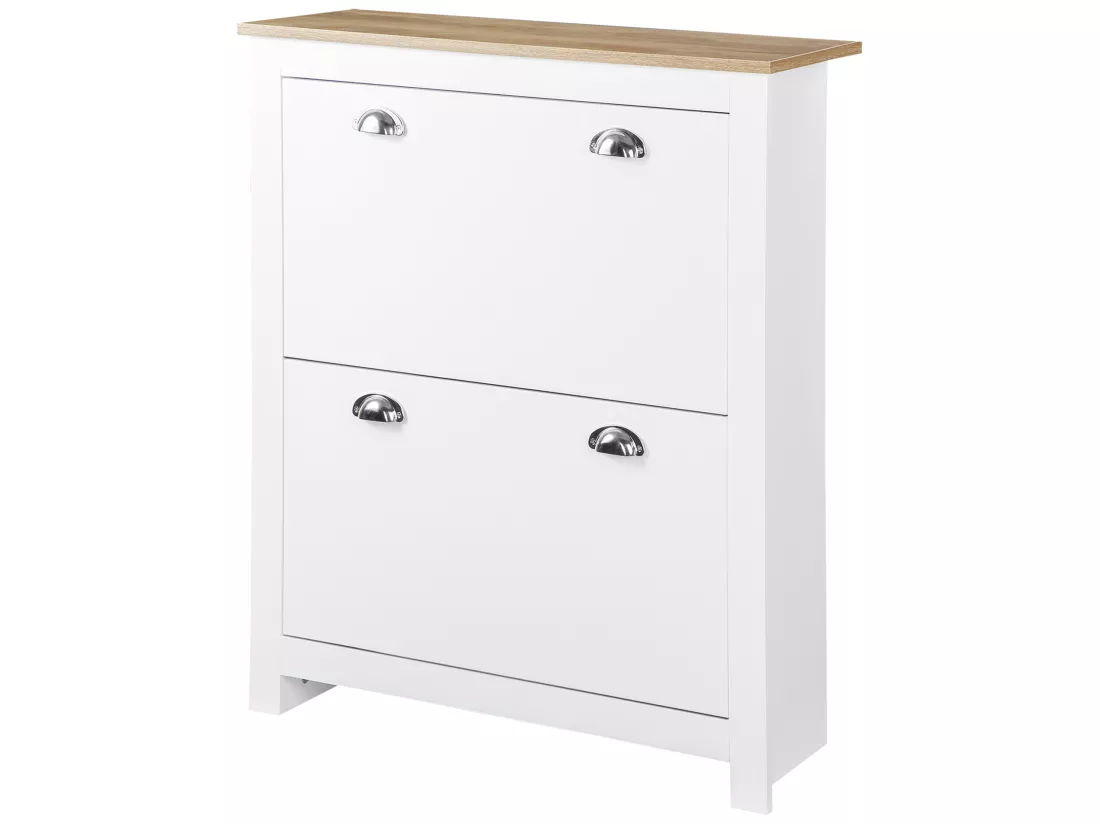 Armoire à chaussures 2 portes abattantes 2 compartiments poignées coquilles métal MDF blanc chêne clair