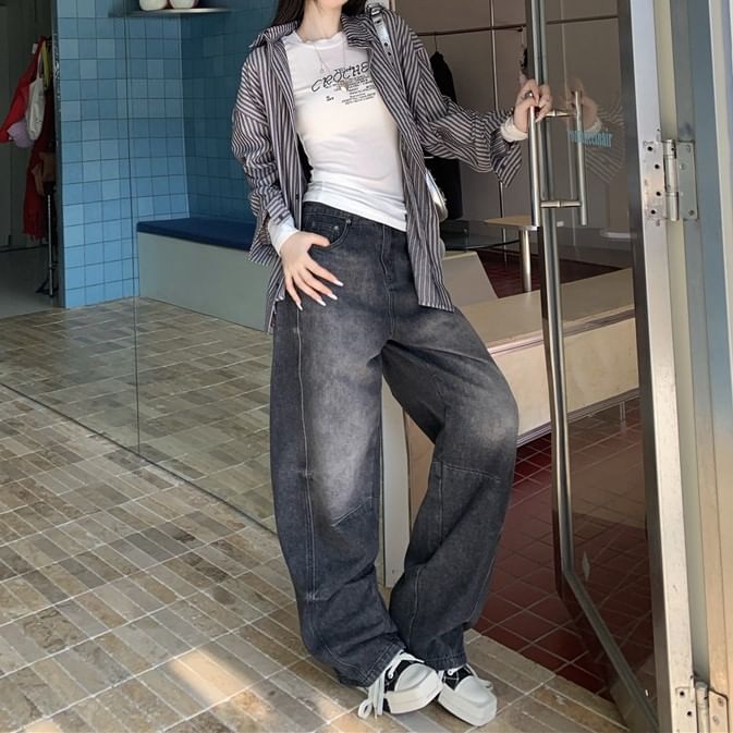 Bolgivy - Mid Waist Washed Baggy Jeans