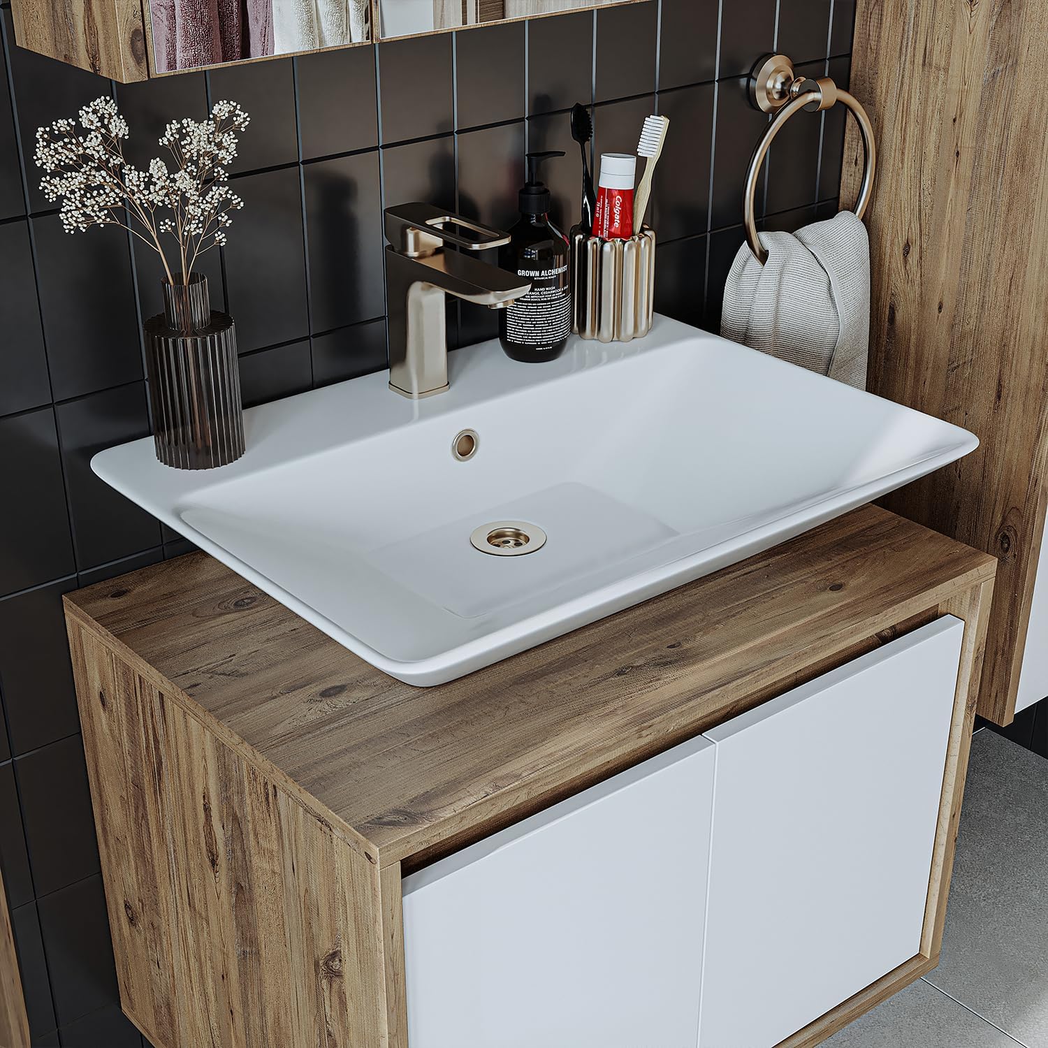 • Badmöbel Set • Atlantic • 3-teilig • Keramik Waschbecken mit Unterschrank 65 cm, Spiegelschrank 60 cm (Weiß - Eiche, 65 cm)