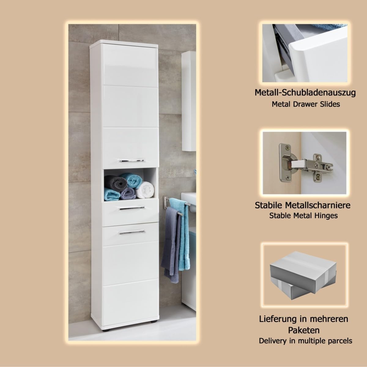 trendteam smart living - Monte - Hochschrank - Weiß/Weiß Hochglanz - (BxHxT) 37 x 189 x 34 cm - chromfarbene Griffe - Kratzfest