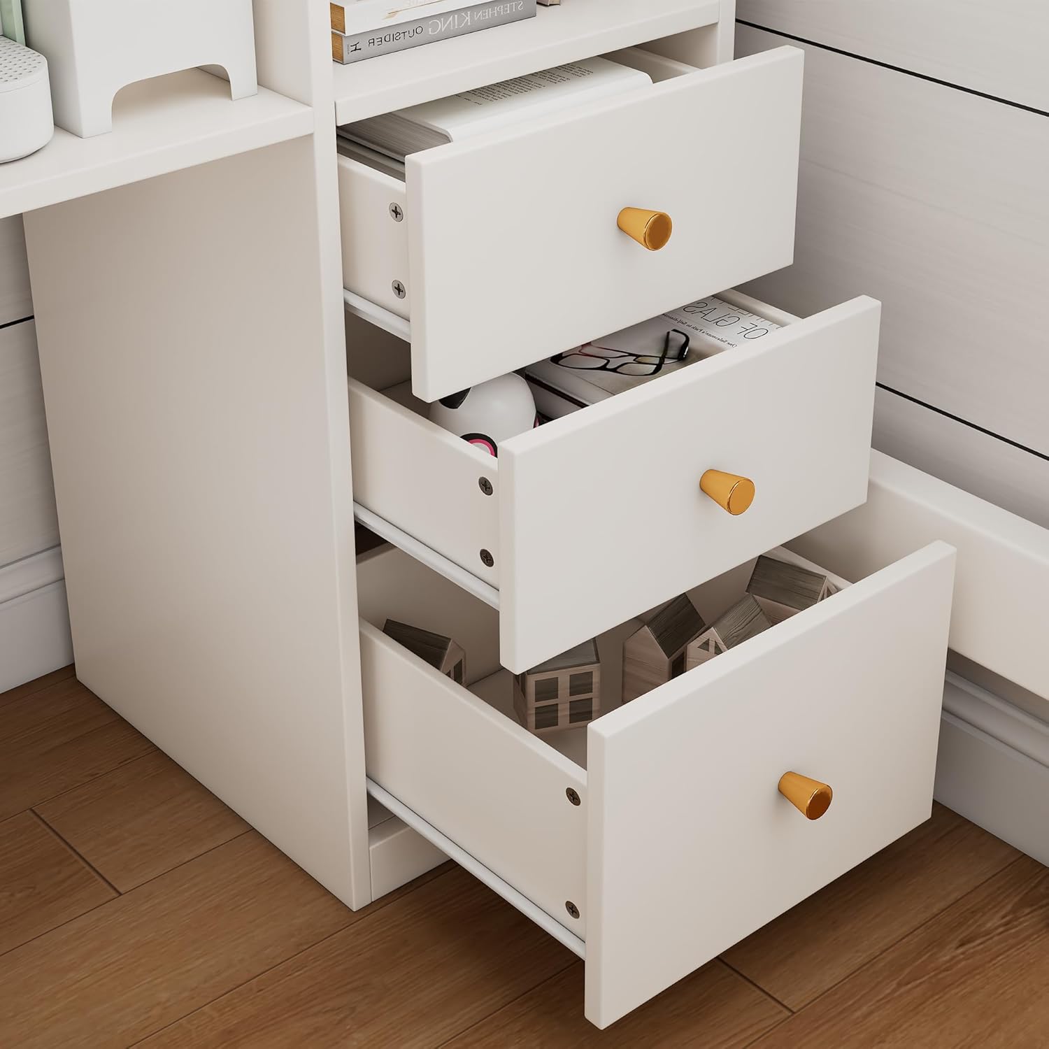 Moimhear Kinderbett Hochbett, 90×200cm, Weiß, mit L-förmigem Schreibtisch, Regalen und Schubladen mit USB/Type-C Ladebereich, mit Leiter und Holzlattenrost
