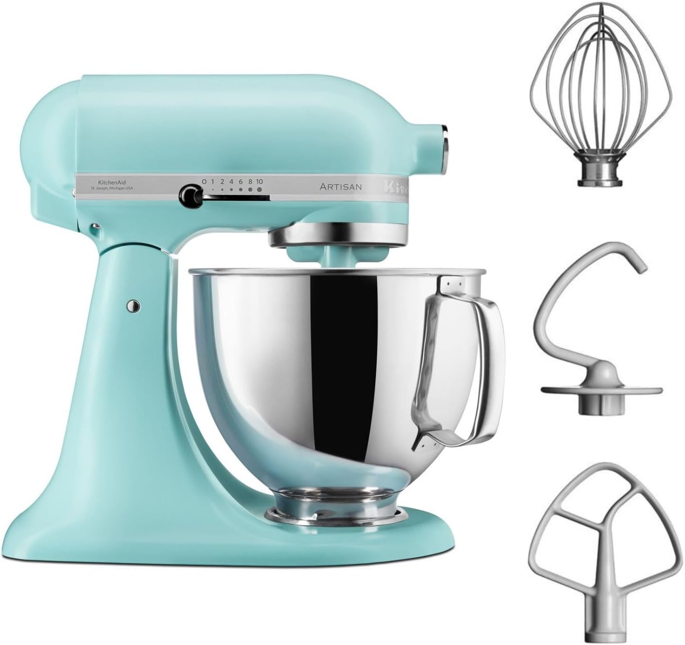 KitchenAid Küchenmaschine - Artisan - Kippbarem Food Processor - Teigknetmaschine mit 3 Zubehör und Schüssel aus Edelstahl - 4.8 L - Mineral water 5KSM125EMI