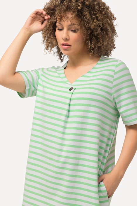 Midikleid, Ringel, A-Linie, V-Ausschnitt, Halbarm
