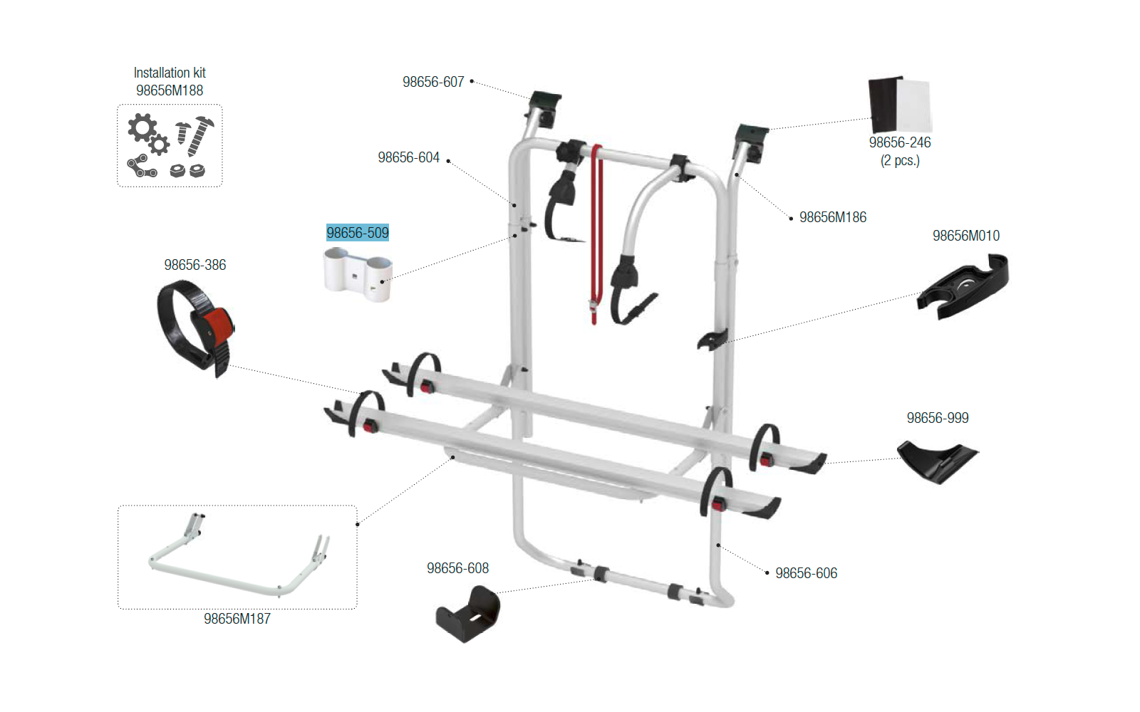 Fiamma Federrohrklemme passend für Carry Bike Ford Transit / Vivaro / Trafic / Trafic D / Trafic DL High Roof / Talento D / 200 D - Fiamma Ersatzteilnummer 98656-509
