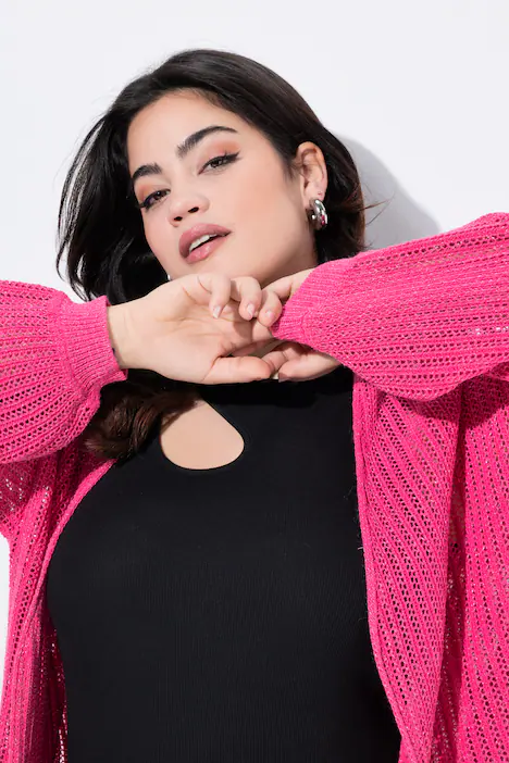 Strickjacke, Boxy Passform, Lochstrick mit Glitzer, hibiskuspink