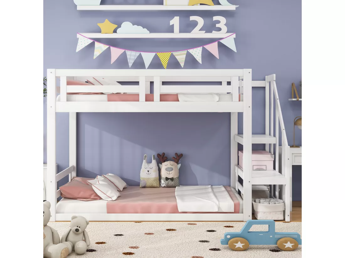 Lit d'enfant 90x200cm, Lit superposé bas avec escalier de sécurité, cadre de lit superposé en bois massif avec sommier à lattes, blanc