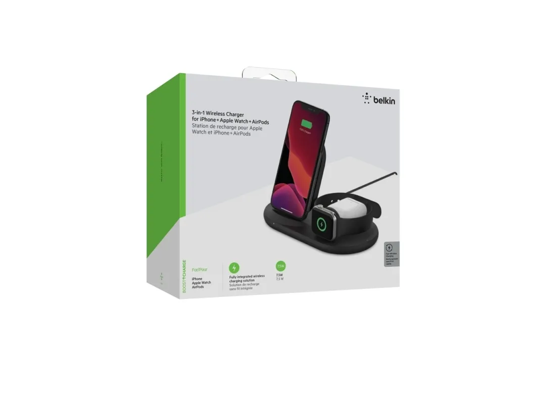 Belkin BoostCharge - Trådløs opladningsstander - 7.5 Watt - sort - for Apple AirPods; AirPods Pro; iPhone 11, 12, 7, 8, SE, X, XR, XS, XS Max; Watch