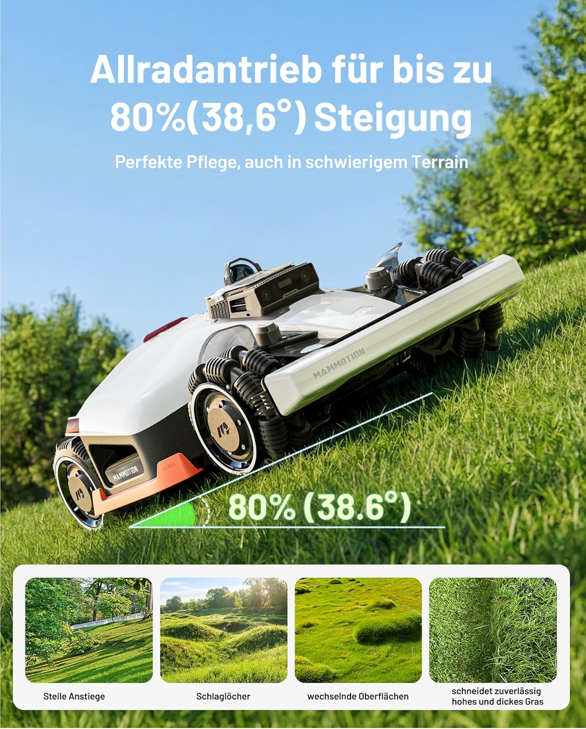 MAMMOTION LUBA 3 AWD 3000 Mähroboter ohne Begrenzungskabel für 3000㎡, 360° LiDAR+NetRTK+KI Vision Tri-Fusion-Positionierung, AWD für 80% Steigungen, Auto-Kartierung, bis zu 30 Zonen, 12Ah-AKKU