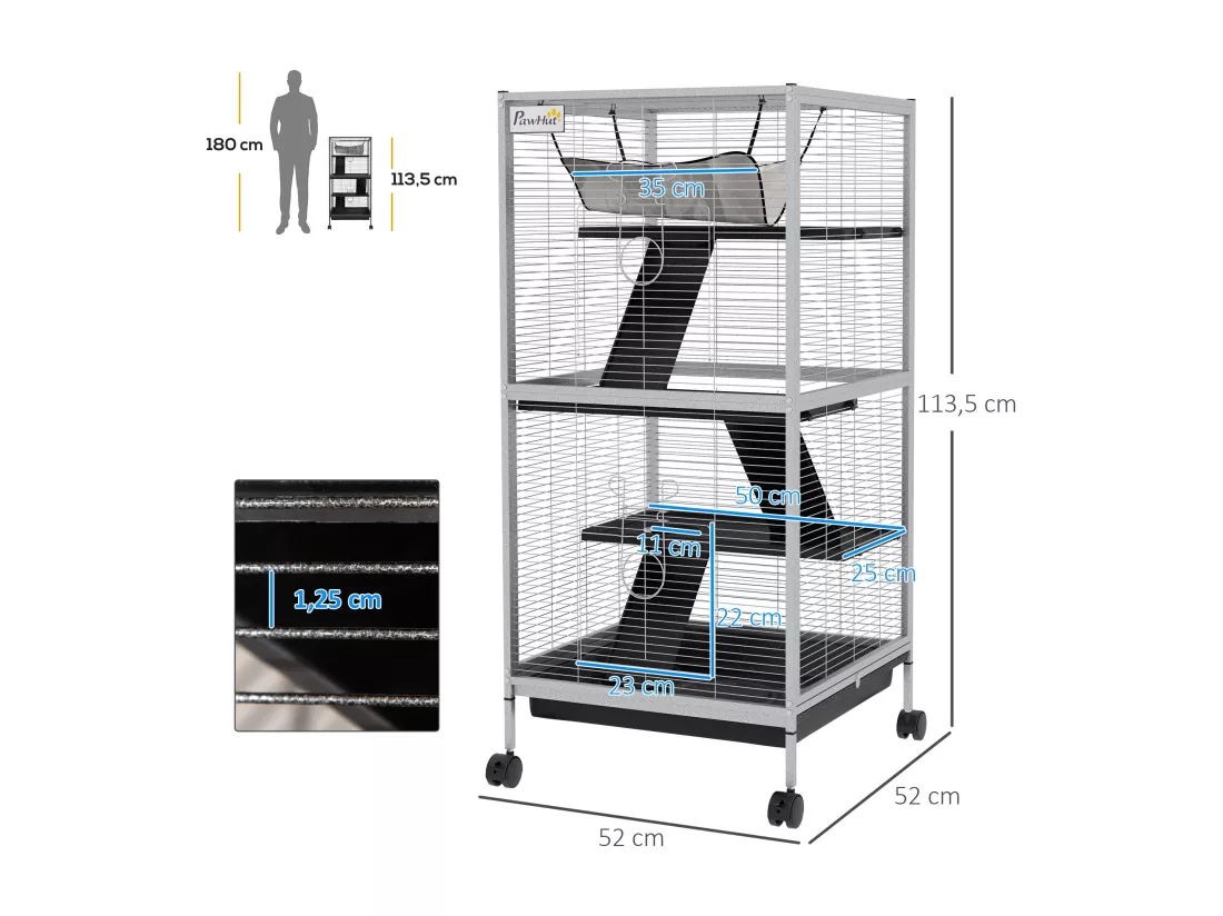 Cage pour petits animaux portable avec 2 portes hamac métal PP 52 x 52 x 113,5 cm blanc