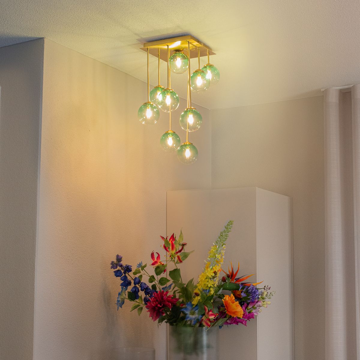 Art Deco plafondlamp goud met groen glas 9-lichts - Athens