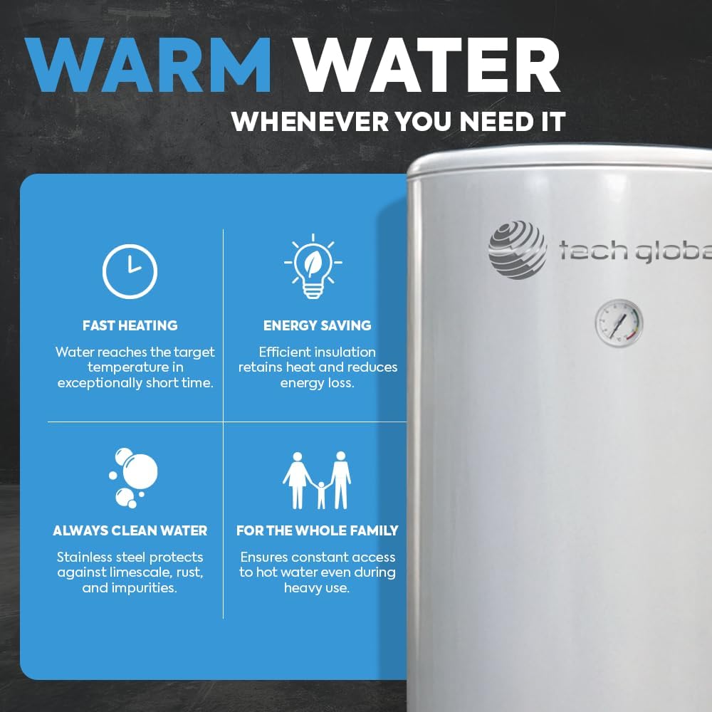 TECHGLOBE - Brauchwasserspeicher mit 2 Wärmetauscher (1.8 + 2.4 m²) - Komplett aus Edelstahl - Energieeffizient Warmwasserspeicher- mit 50mm Isolierung (200 L)