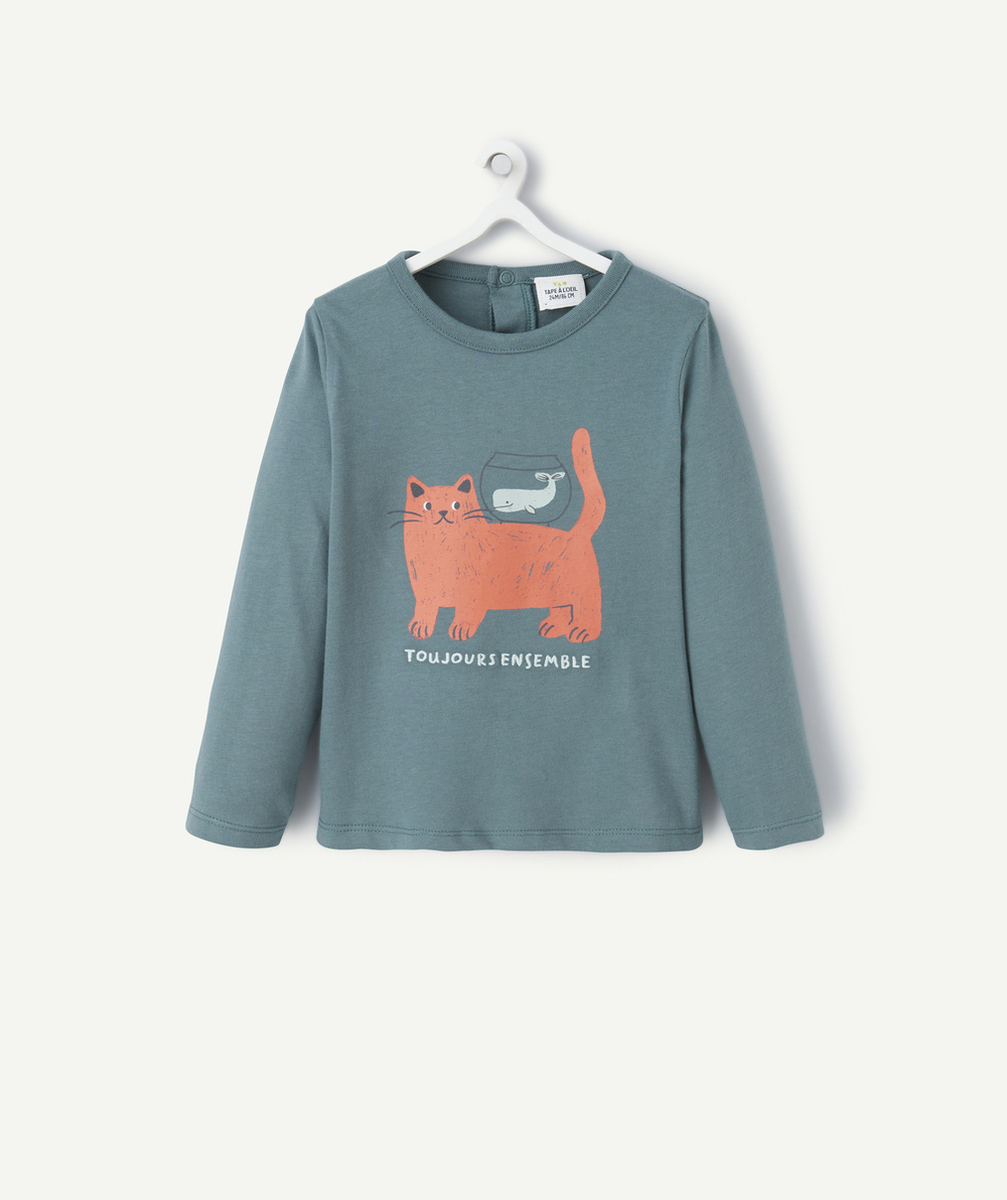T-SHIRT MANCHES LONGUES BÉBÉ GARÇON EN COTON BIO VERT AVEC MOTIF CHAT