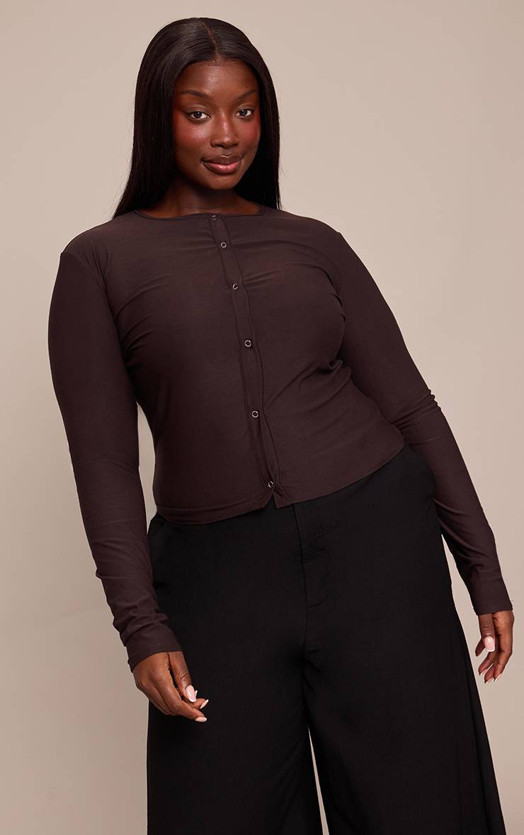 Chocolat Haut Long Ajusté Grande Taille À Manches Longues Avec Pressions Effet Doux Au Toucher