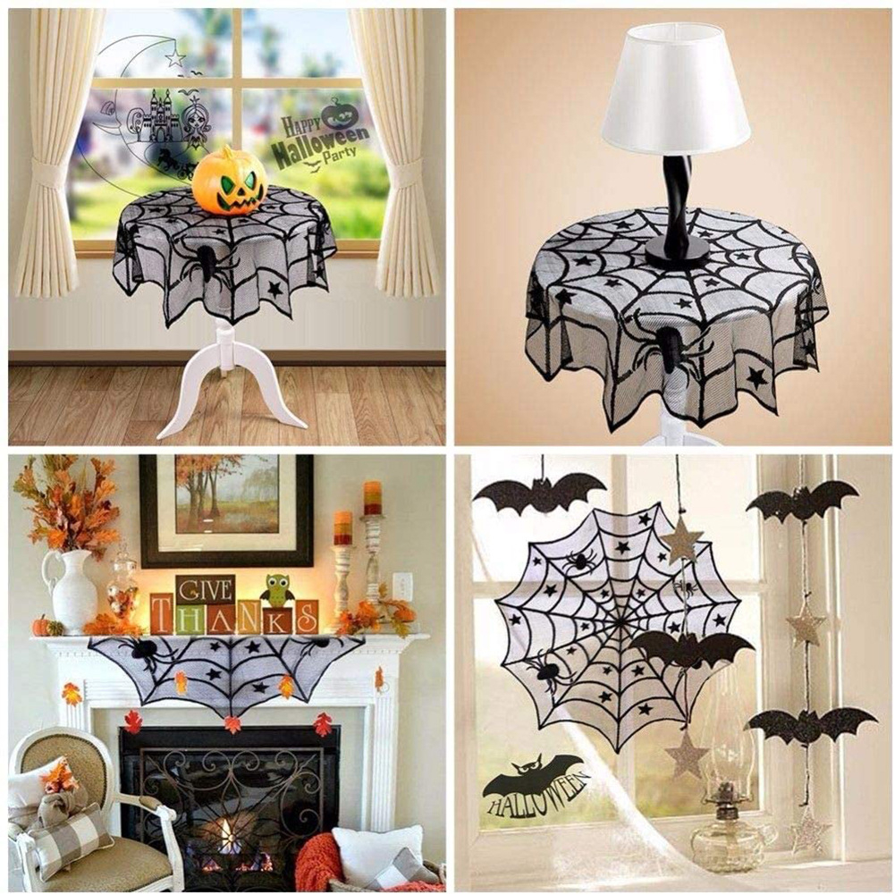 (20-tlg. Set) Spinnen Netz Halloween Party Accessoire Deko Tischtuch / Tischläufer / Fledermäuse / Lampenschirm / Türvorhang - Schwarz