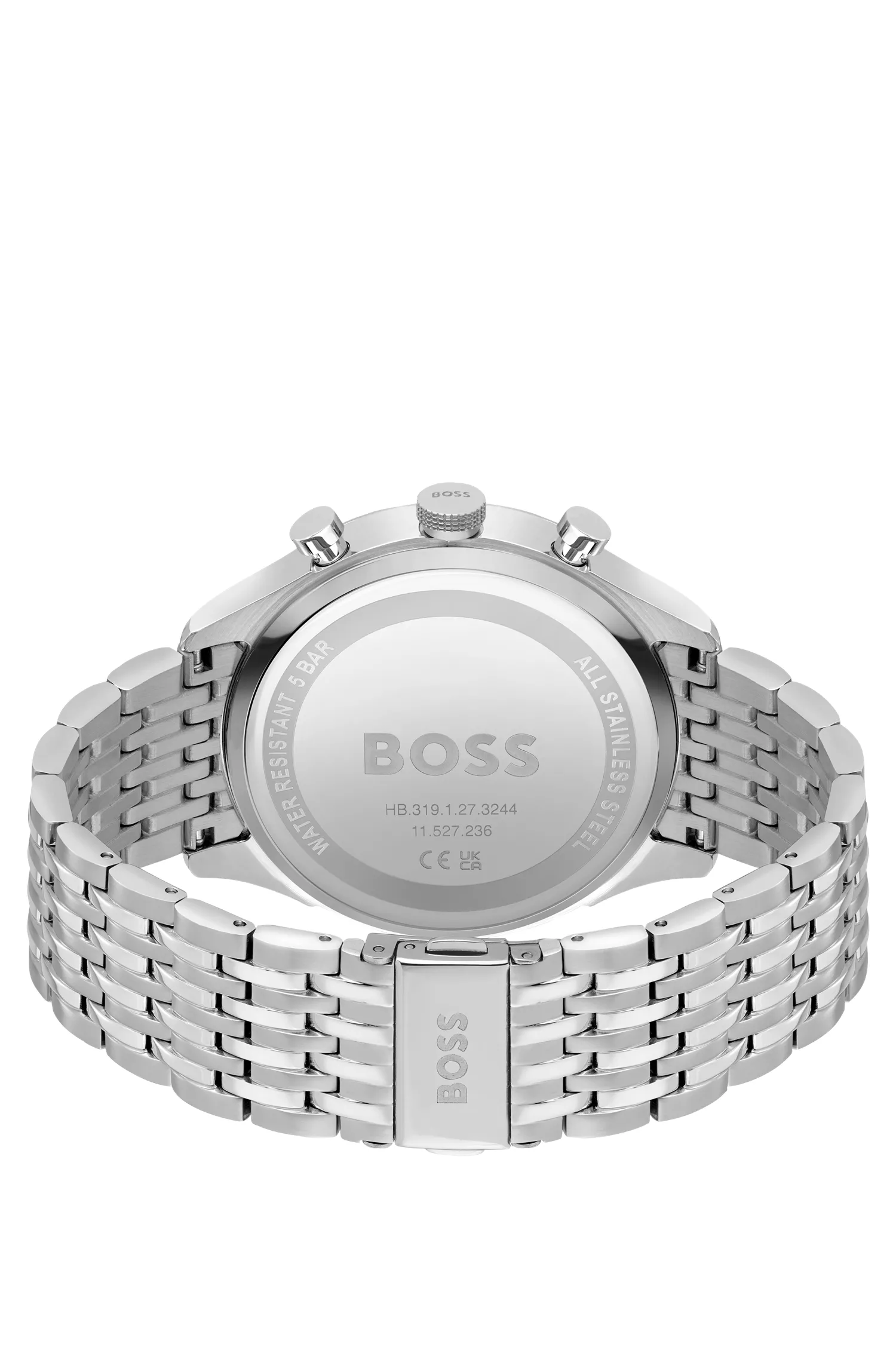 Relógio cronógrafo BOSS com mostrador preto e pulseira de múltiplos elos.
