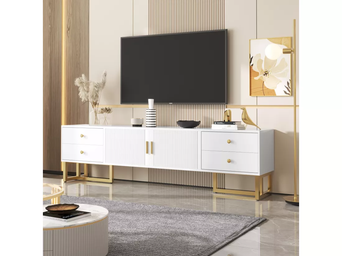 Meuble TV avec 2 portes et 4 tiroirs - 175 x 30 x 46 cm - bois MDF, pièds et poignées en métal doré - blanc