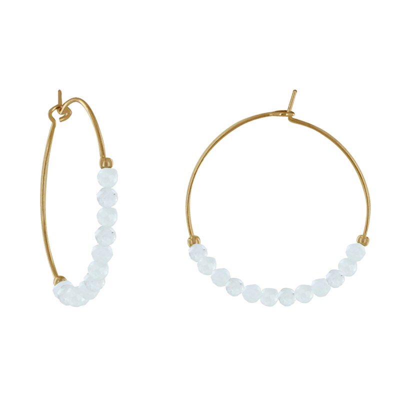 Boucles d'Oreilles Plaqué Or Créoles Perles Facettées de Pierre de Lune