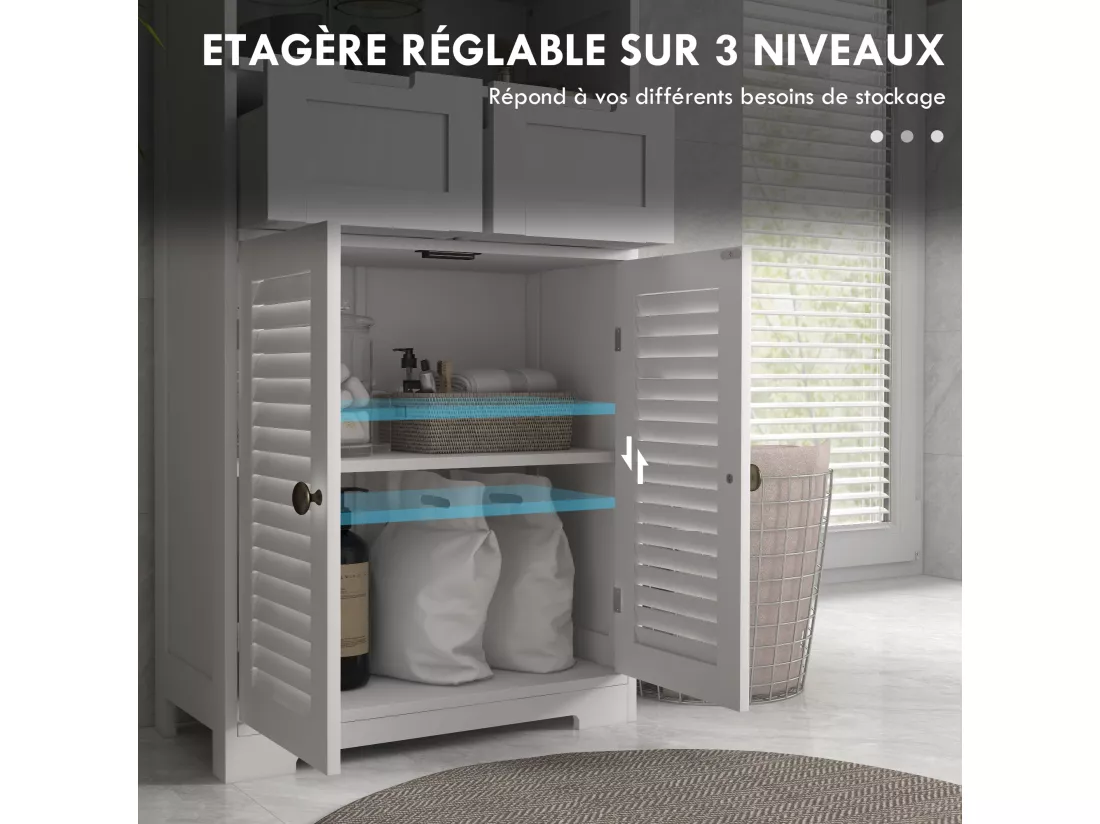 Meuble de salle de bain sur pied 2 portes persiennes 2 tiroirs niche blanc