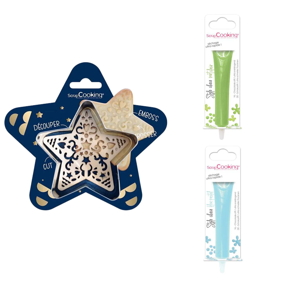 Kit pour biscuit en relief Étoile + 2 Stylos au chocolat vert clair et