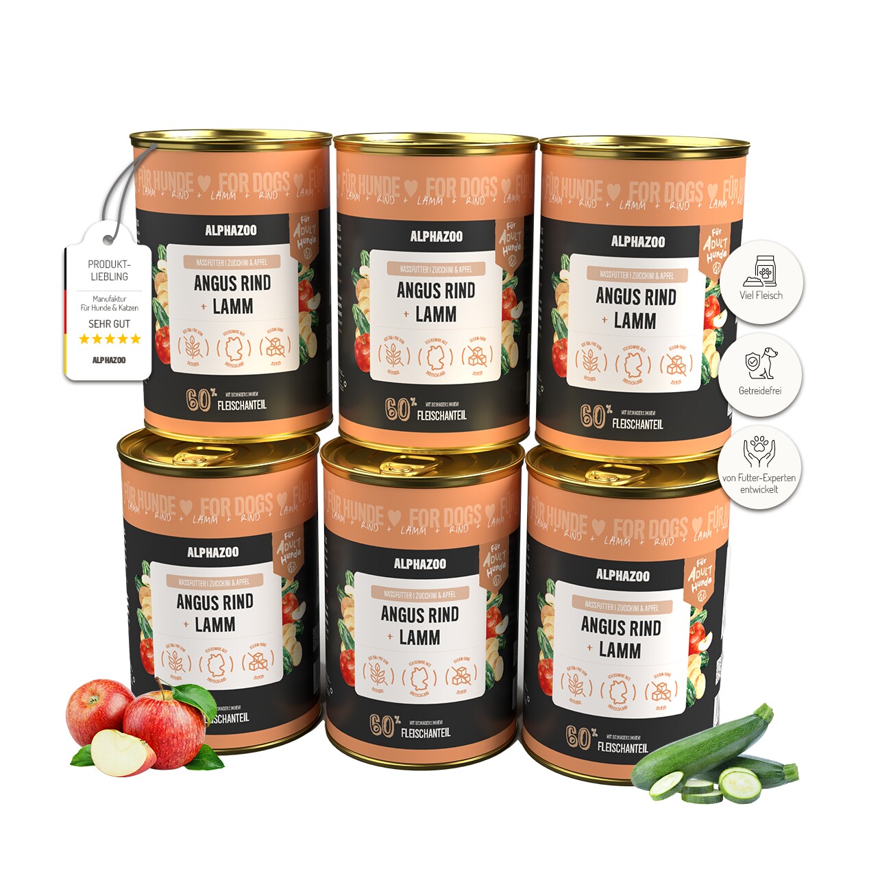 ALPHAZOO Nassfutter Angus Rind + Lamm 6 x 400g für Hunde