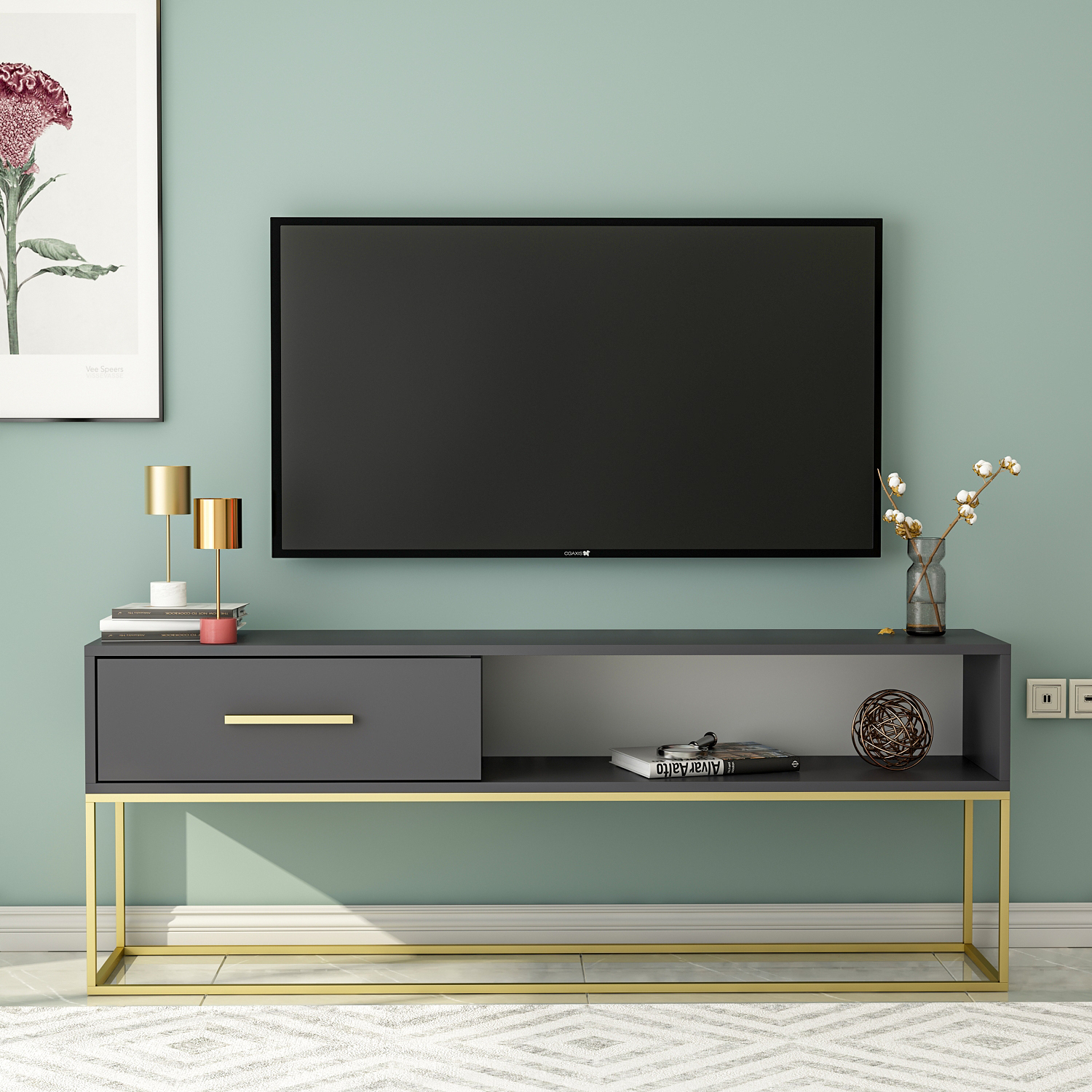TV-Lowboard - grau-goldfarben - mit Türklappe - 160 cm