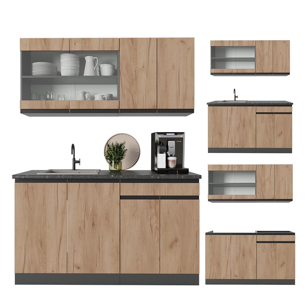 Vicco Küchenzeile Küchenblock Einbauküche R-Line J-Shape Anthrazit Eiche 140 cm modern Küchenschränke Küchenmöbel