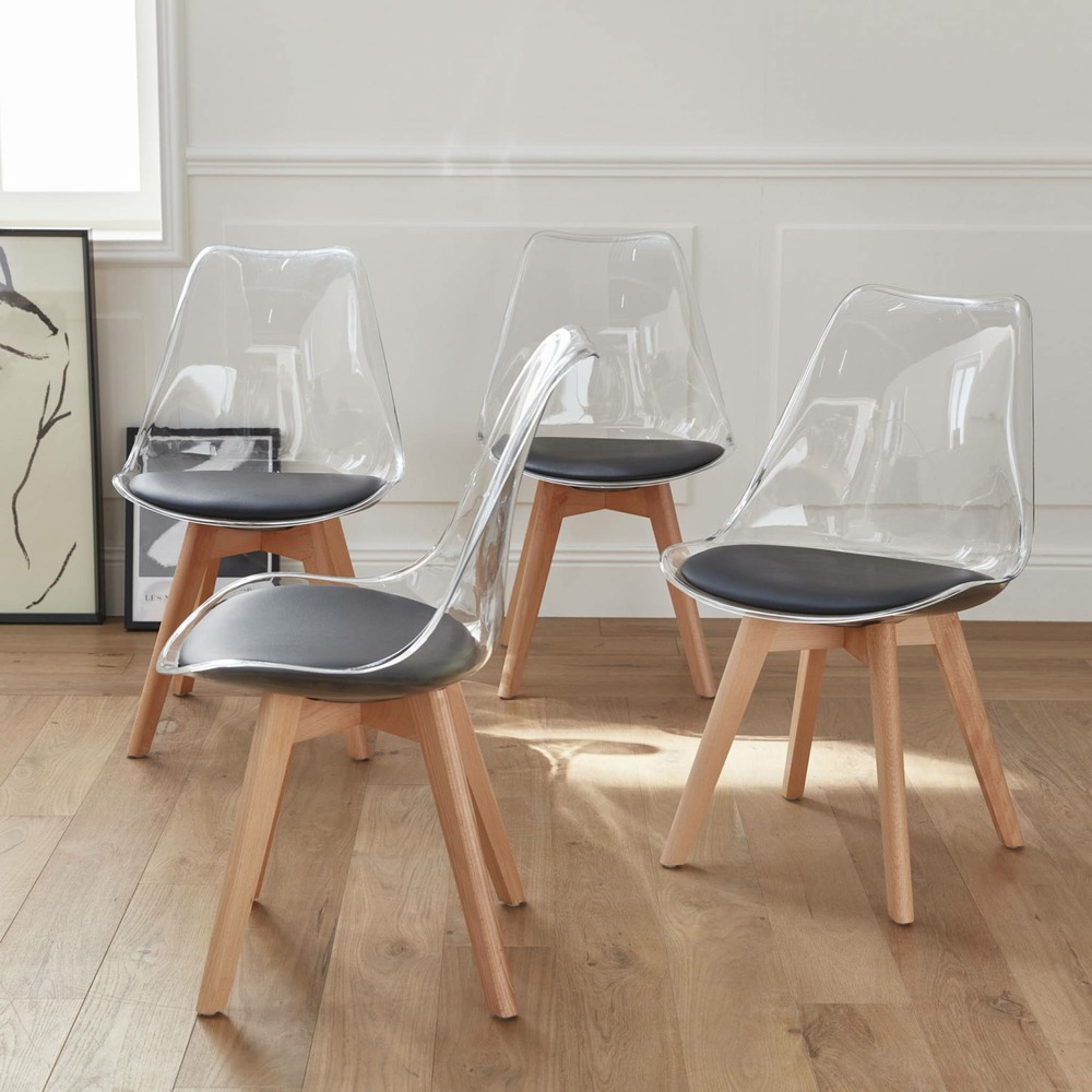 Lot de 4 chaises scandinaves - lagertha - pieds bois. Fauteuils 1 place. Coussin noir. Coque transparente