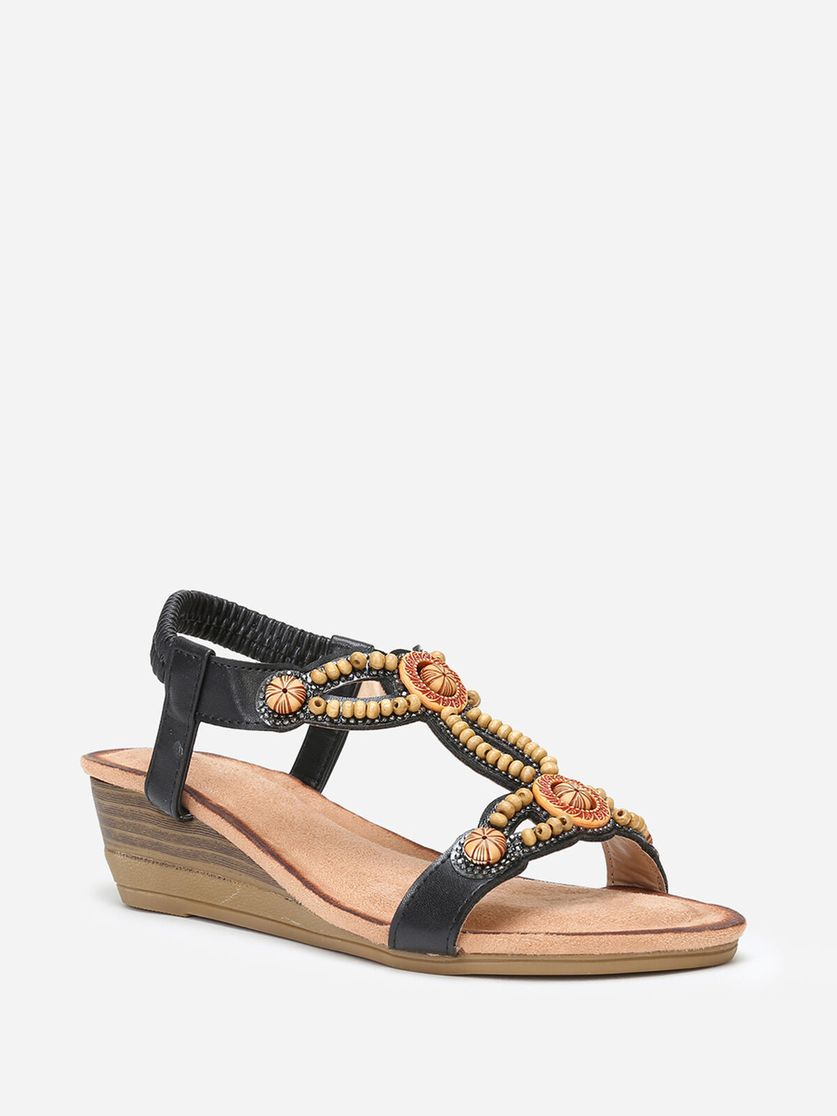 Sandales compensées à strass et perles- Noir