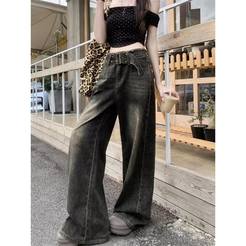 Cossita - High Waist Washed Wide Leg Jeans met riem