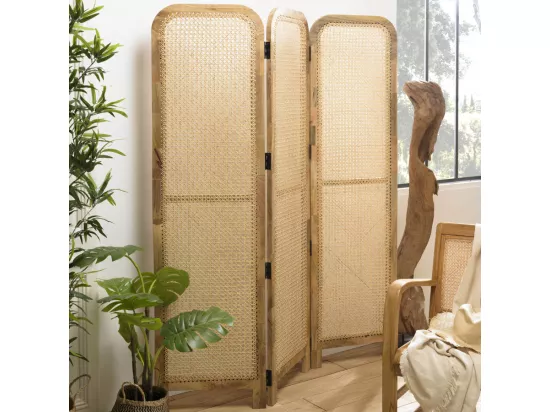 ISA - Paravent marron bois de manguier et cannage couleur naturelle