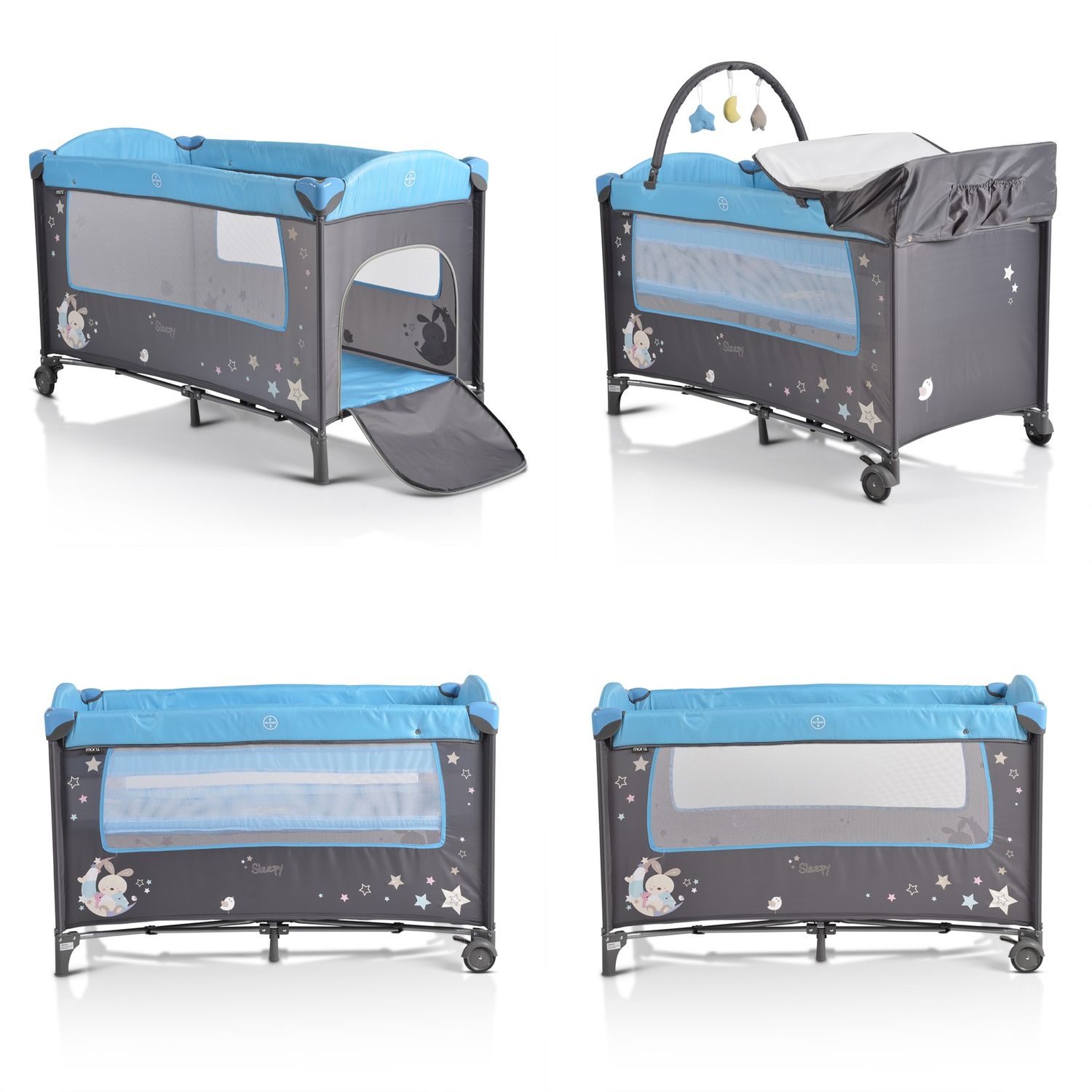 Moni Reisebett Sleepy Rollen, Wickelauflage, Matratze, Spielbogen, Seiteneingang grau-blau