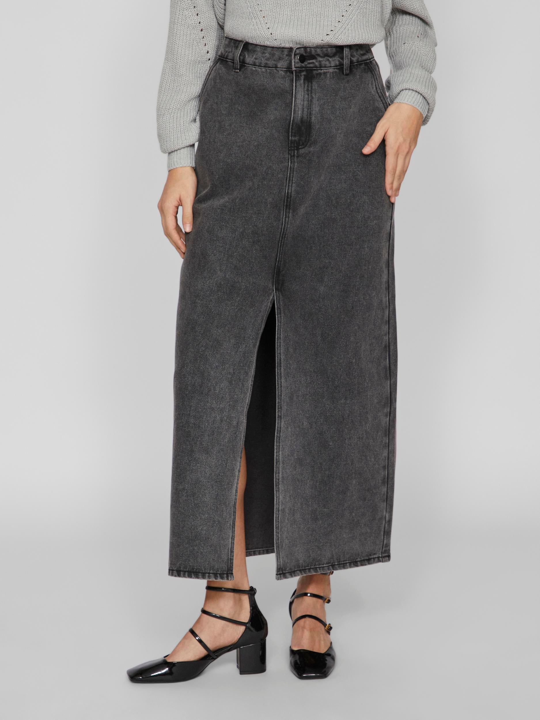 Vila  Vikira Long Washed denimnederdel - sort