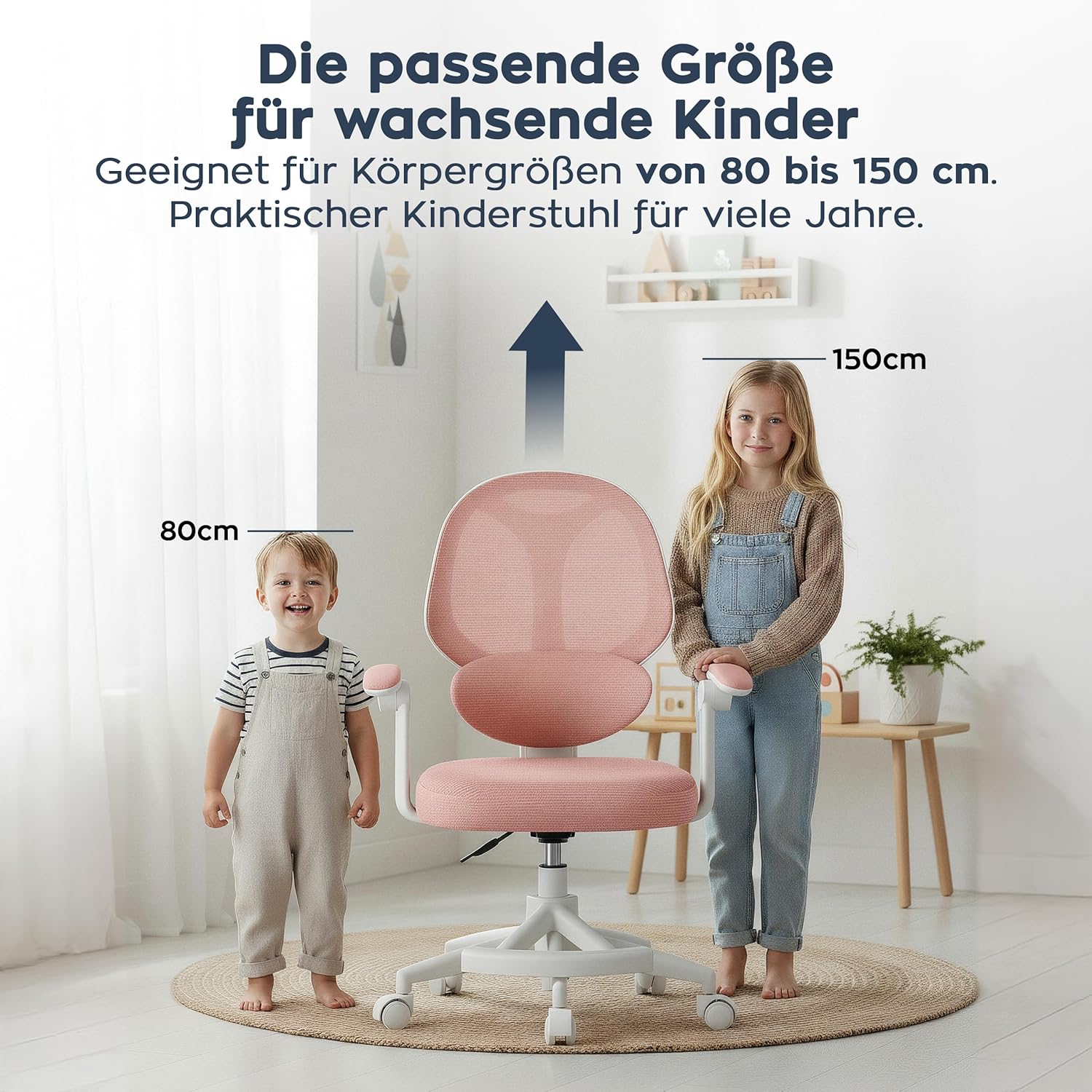 MARK ADLER Junior 4.5 | Ergonomischer Drehstuhl für Kinder & Jugendliche | Höhenverstellbar | Lordosenstütze | Klappbare Armlehnen | Schwerkraftrollen | Fußstütze | 360° Drehung | Rosa