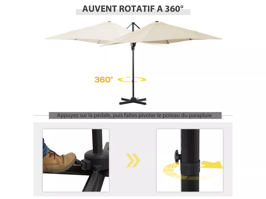 Parasol déporté carré inclinable manivelle avec pied en acier dim. 2,45L x 2,45l x 2,45H m métal alu. polyester haute densité beige