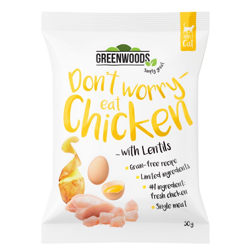 Greenwoods poulet, lentilles, pommes de terre, œuf pour chat