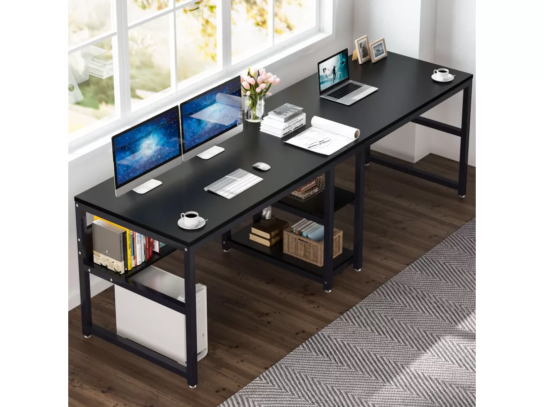 Bureau double pour deux personnes avec bibliothèque, bureau d'ordinateur double pour deux personnes, noir