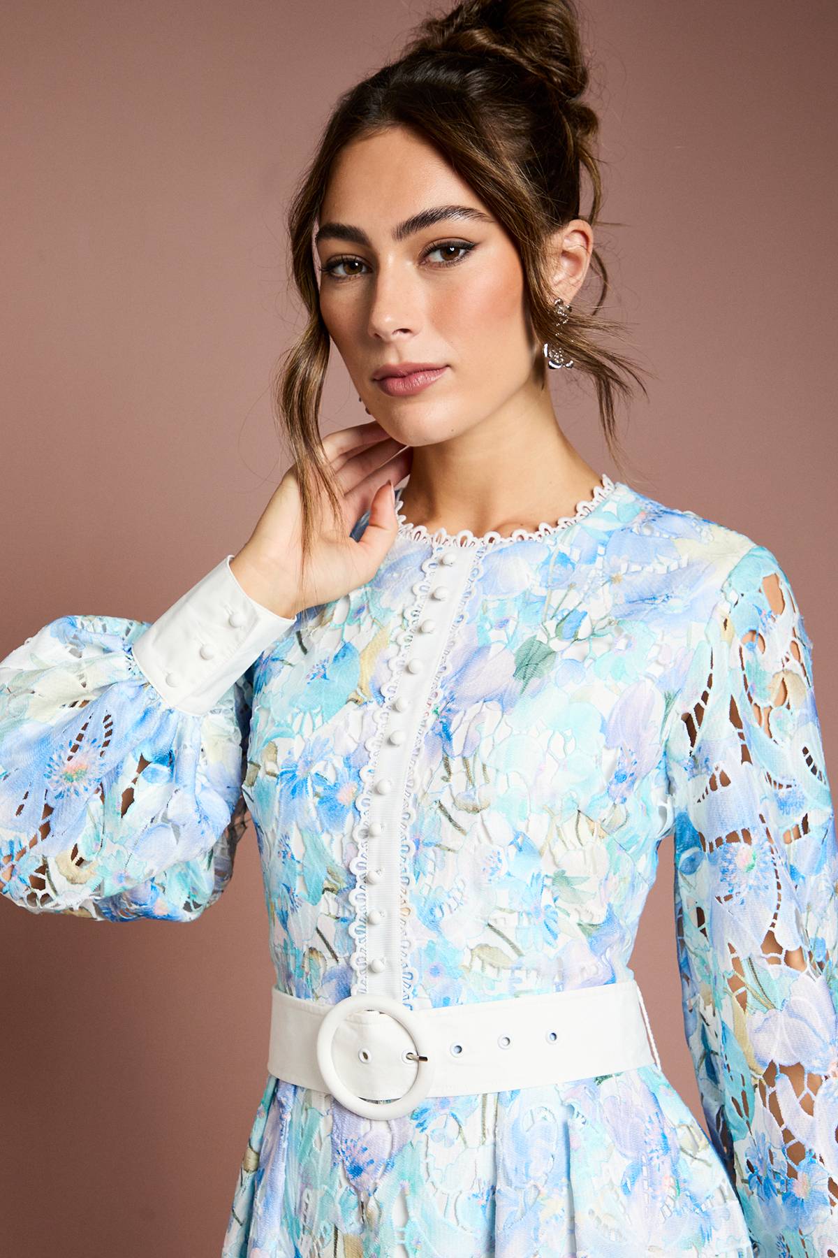 Coast Robe Mi-Longue Ceinturée à Manches Bouffantes en Dentelle Imprimée