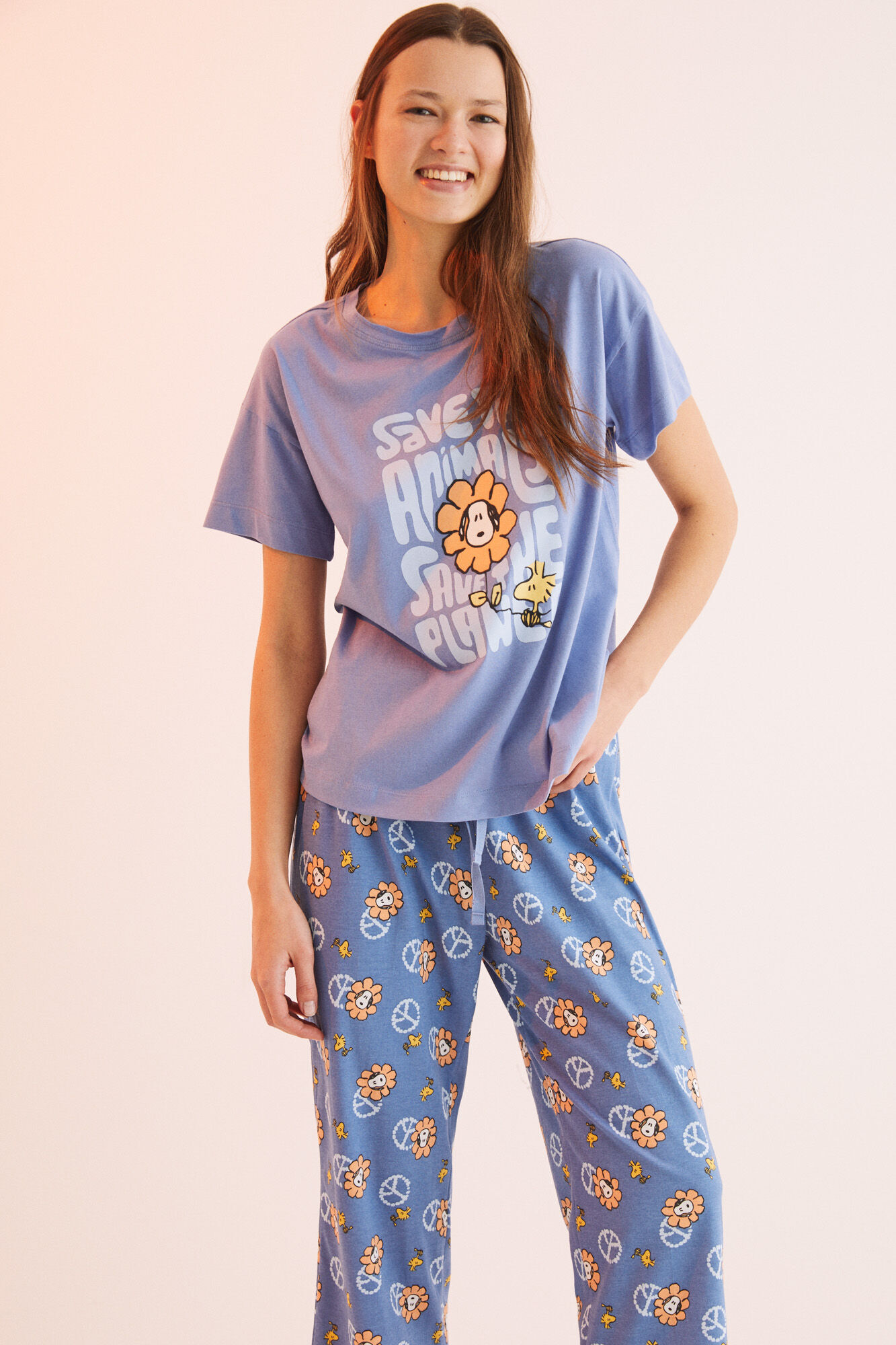 Pijama comprido Snoopy 'Salve o Planeta' 100% algodão - Azul