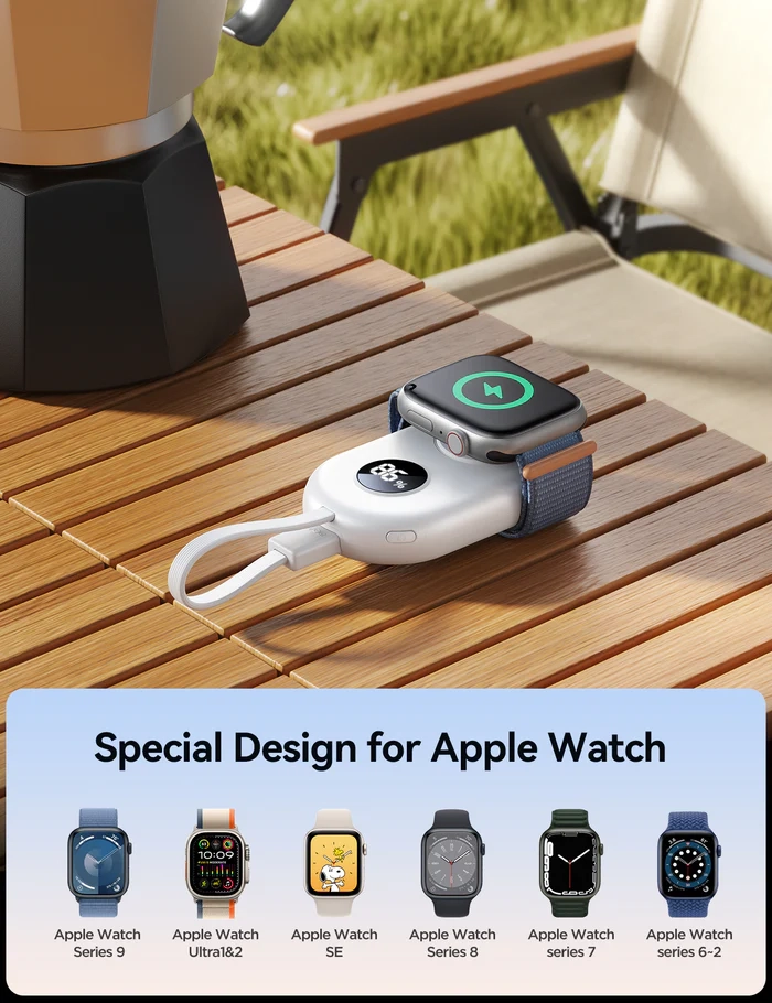 (5V/1A) 2000mAh Powerbank Ladegerät mit USB C Kabel für Apple Watch (JR-W09) - Schwarz