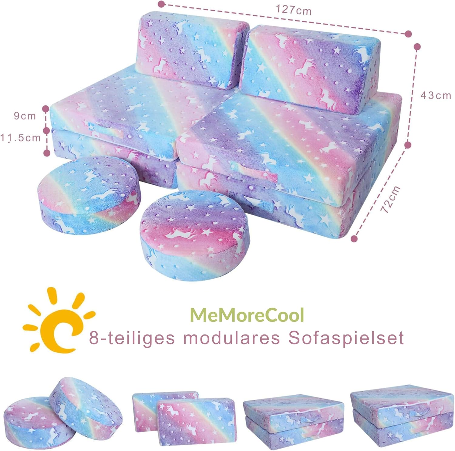 MeMoreCool Spielsofa für Kinder, Modulares Sessel Couch für Kuschelecke Kinderzimmer, Schlafsofa, 8-teiliges Sofa Spielset, Schaumstoff Sofa Bed mit Schlaffunktion für Mädchen Jungen, Regenbogen