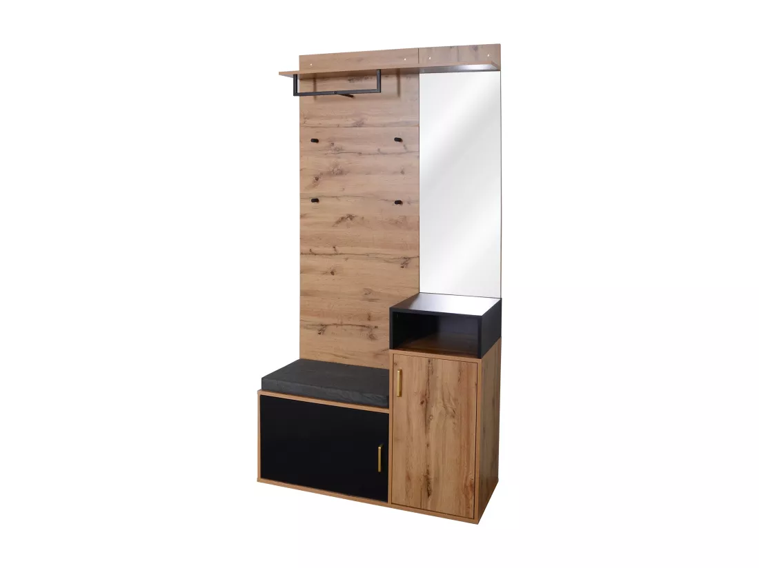 Vestiaire d'entrée avec miroir et meuble à chaussures - Hauteur 190cm - naturel & noir