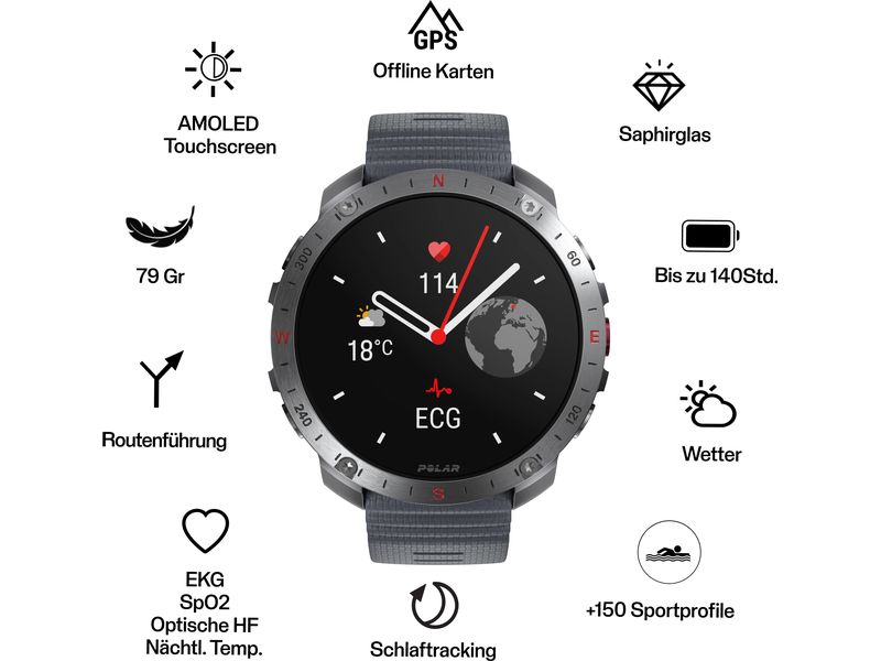 POLAR Sportuhr Grit X2 PRO Grau, M/L Sportuhr mit optischer Pulsmessung und Smartwatch-Navigation