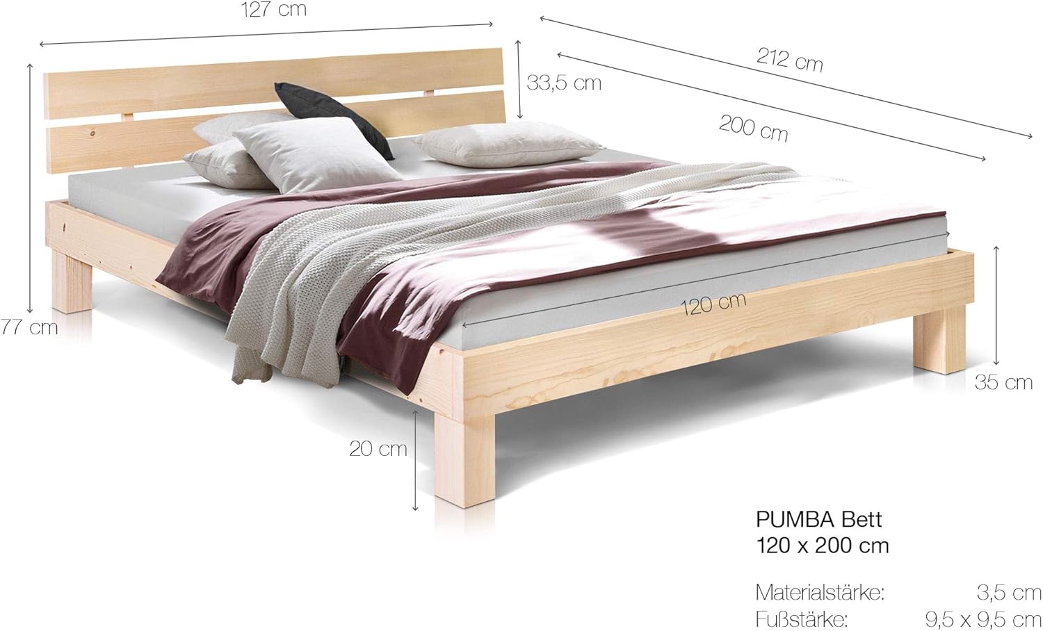 moebel-eins Massivholzbett Pumba Holzbett Doppelbett, Material Massivholz, Made in Germany, 120 x 200 cm, Natur, Standardhöhe