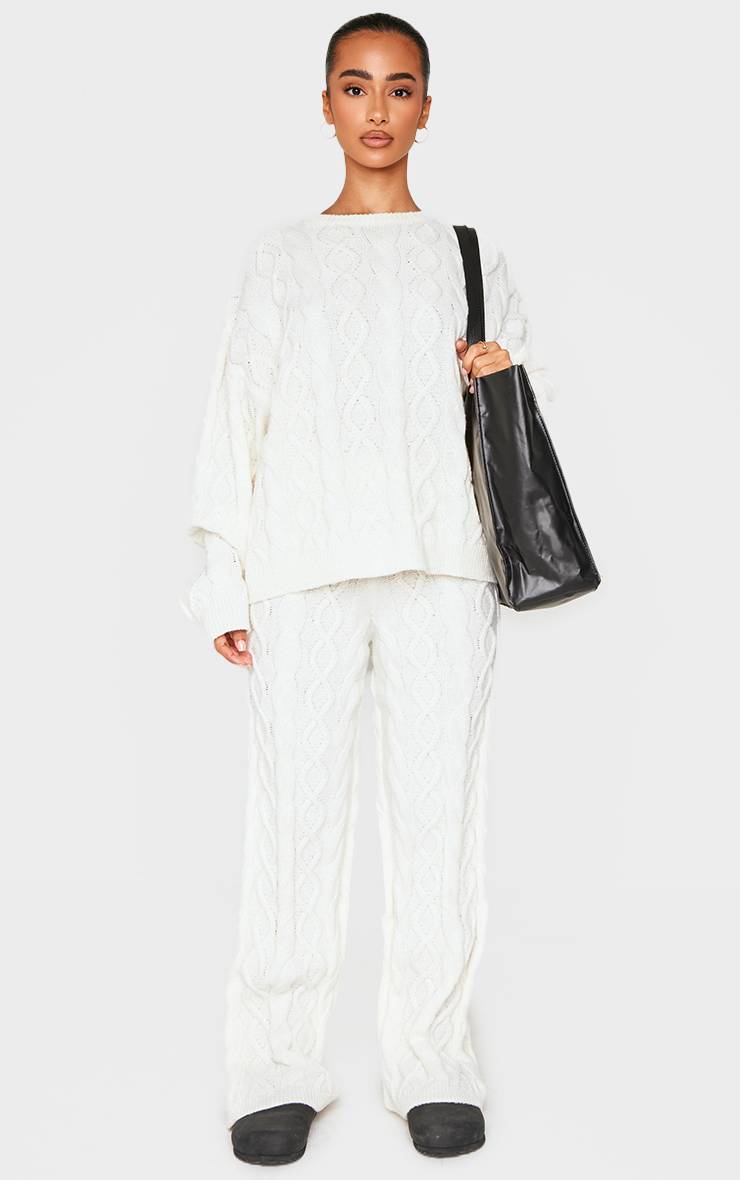Crème Pantalon Large En Maille Torsadée Petite