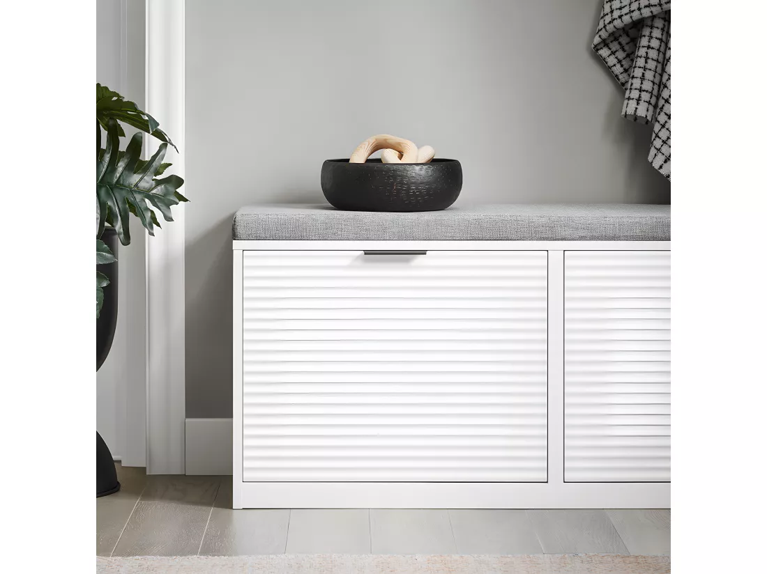 SoBuy Banc à Chaussures Banc d’Entrée Banc de Couloir Armoire à Chaussures avec 2 Abattants Meuble de Rangement pour Entrée avec Coussin Rembourré, 105 x 35 x 48 cm, Blanc, FSR147-W