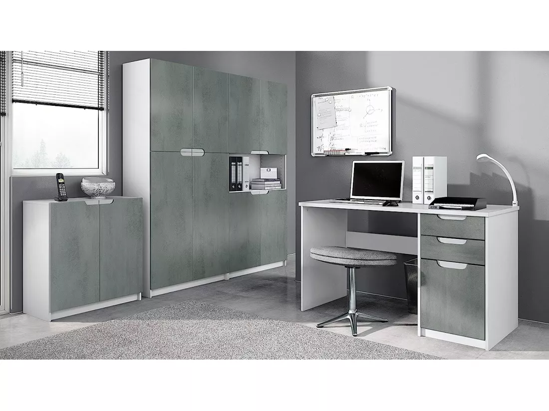 Ensemble de Meubles de Bureau Corps en Blanc Mat et Façades en Aspect Béton foncé