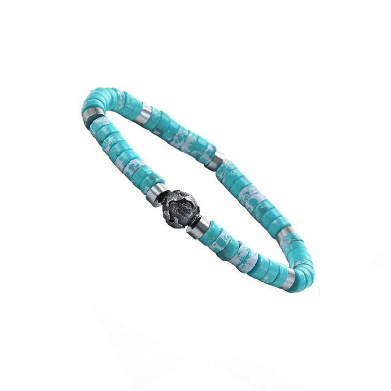 Bracelet Perles Heishi Pierres Naturelles Jaspe Impérial Bleu Ciel, Planète Acier-XS-14cm